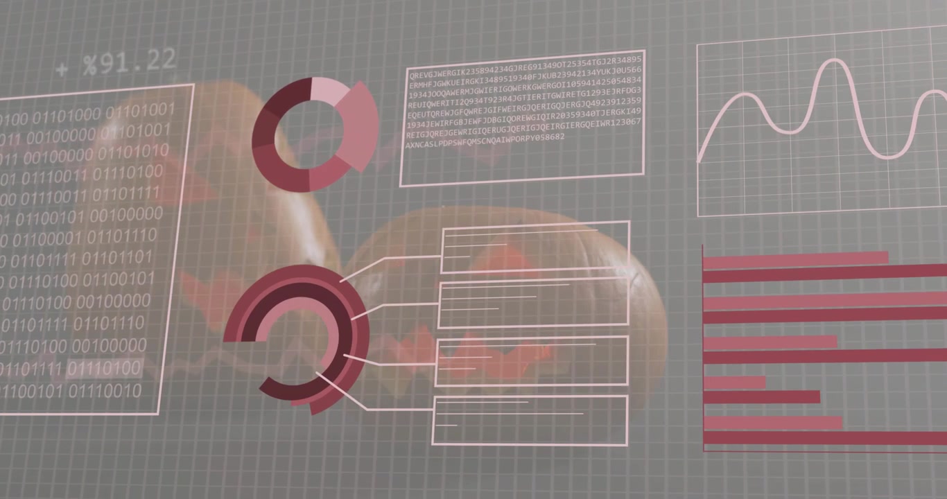 Gloved hand gripping sphere initiating data panels visualizing binary code and charts for analysis