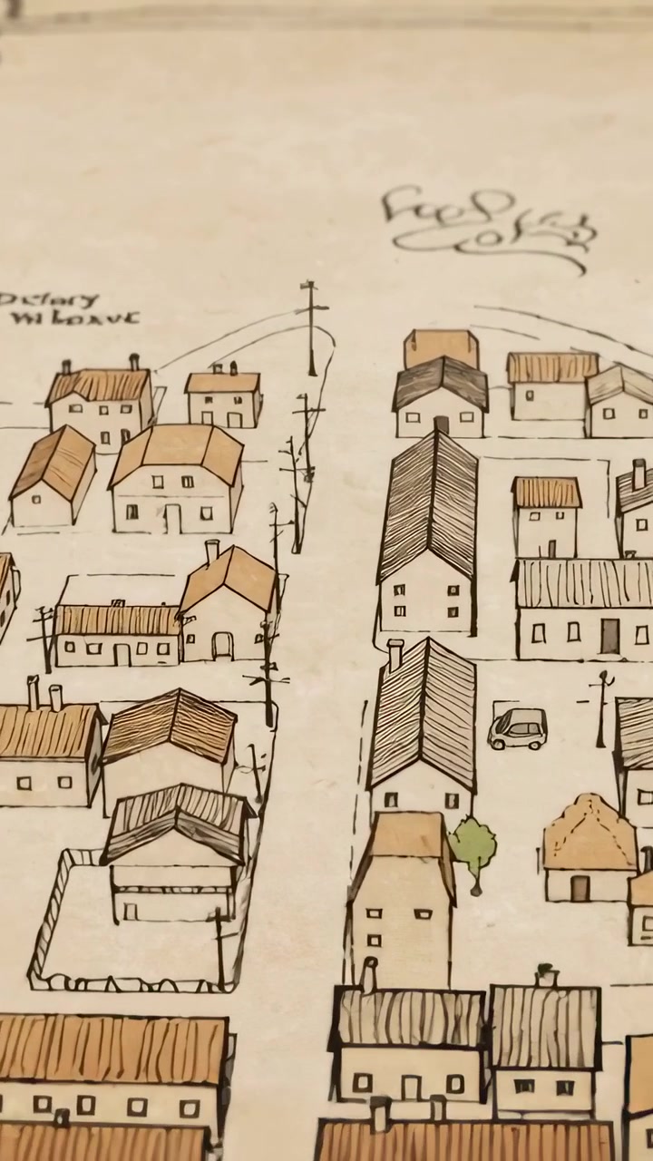 Video verticale: Telecamera panoramica rivela una mappa disegnata su carta in dettaglio, che mostra tetti, un'auto e pali.