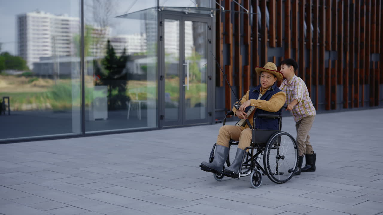 Grandfather and Grandson Fishing in the City