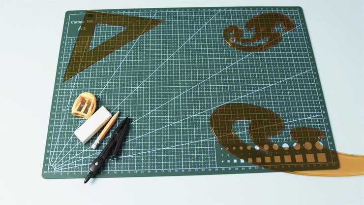 Compass, pencil, sharpener, eraser and rulers with pad on white background, in slow motion