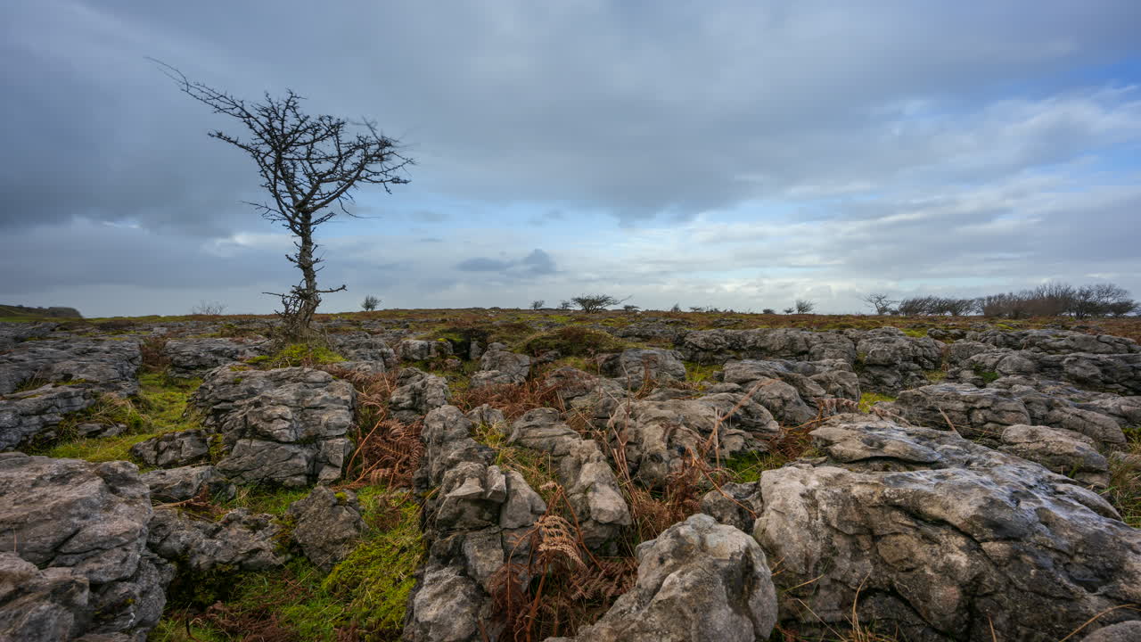 아일랜드 카운티 슬라이고의 카로킬에서 본 흐린 날 전경에 들판 바위가 있는 시골 자연 농지의 시간 경과