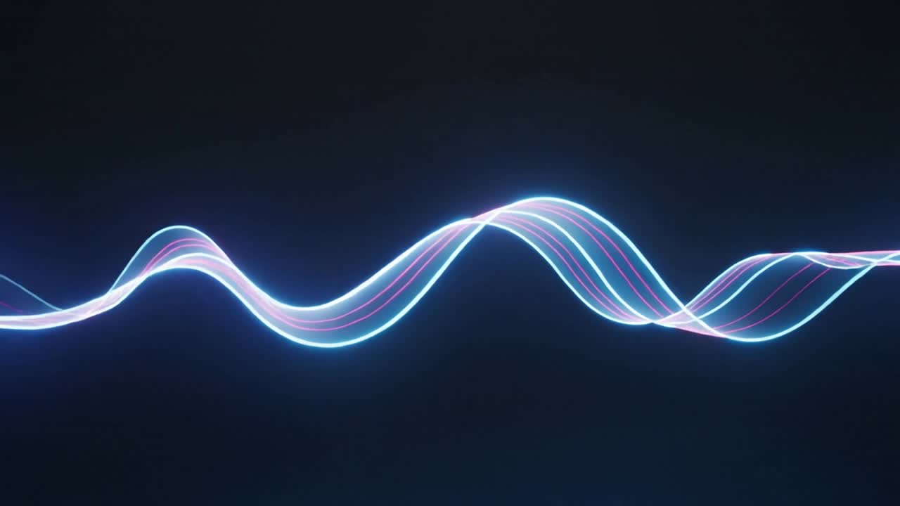 Nastri neon animati che si intrecciano su uno sfondo sfumato scuro all'avvio, con linee d'accento e bagliore