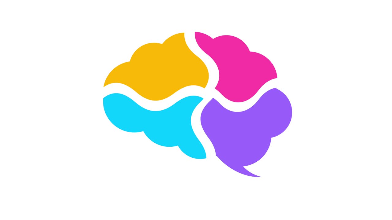 el cerebro dividido en cuatro partes. animación sobre fondo blanco.