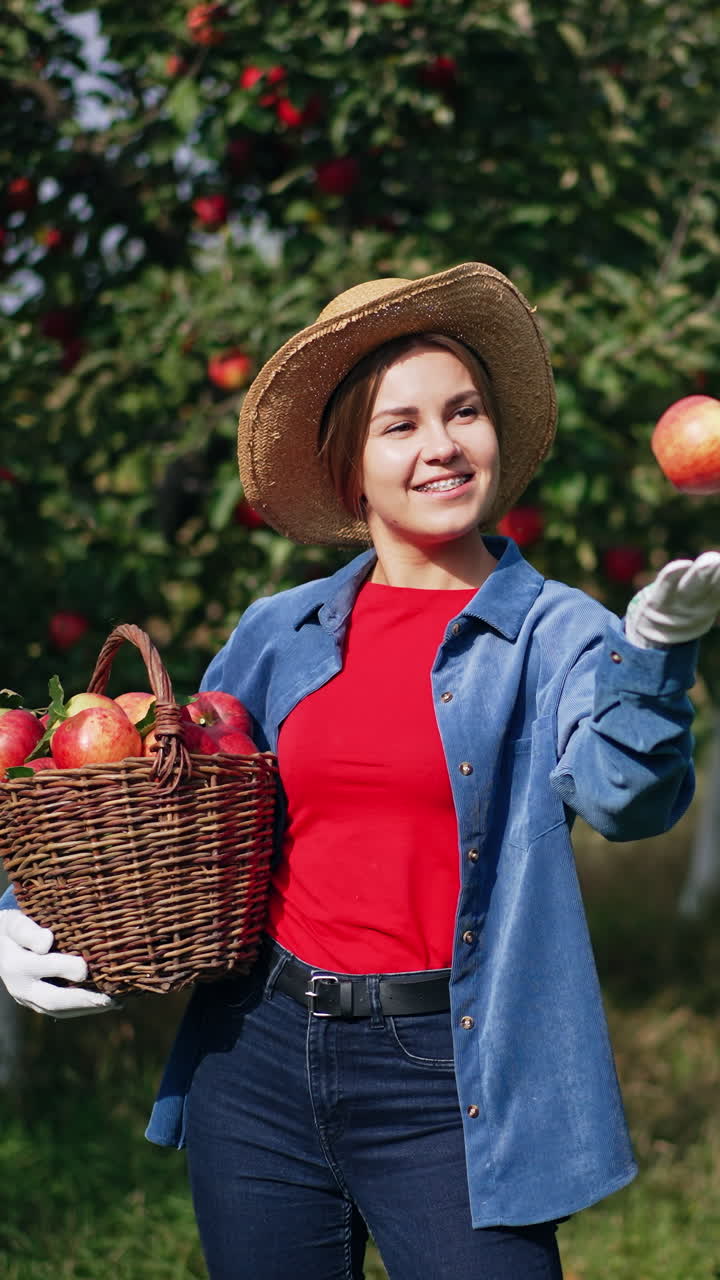 Sunny day in the garden on harvest season. Happy smiling lady with a full basket in hands tossing apple in the air playfully, smells it and puts back into basket. Vertical video