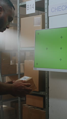 warehouse worker using monitor with green screen