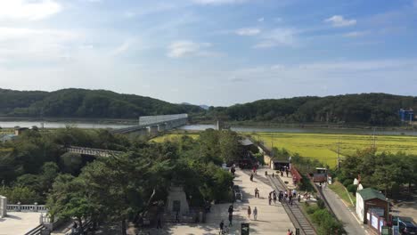 a railroad to north korea seen from imjingak by the dmz overlooking north korea, in munsan, paju, gyeonggi-do, south korea