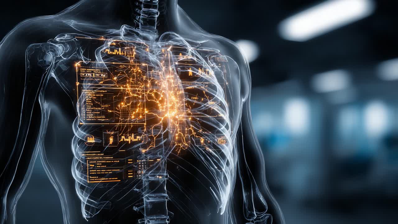 Esplorando la Visualizzazione Avanzata dell'Anatomia Umana: Uno Sguardo Dettagliato a una Rappresentazione Luminosa del Torace e degli Organi Interni Utilizzando la Tecnologia Moderna
