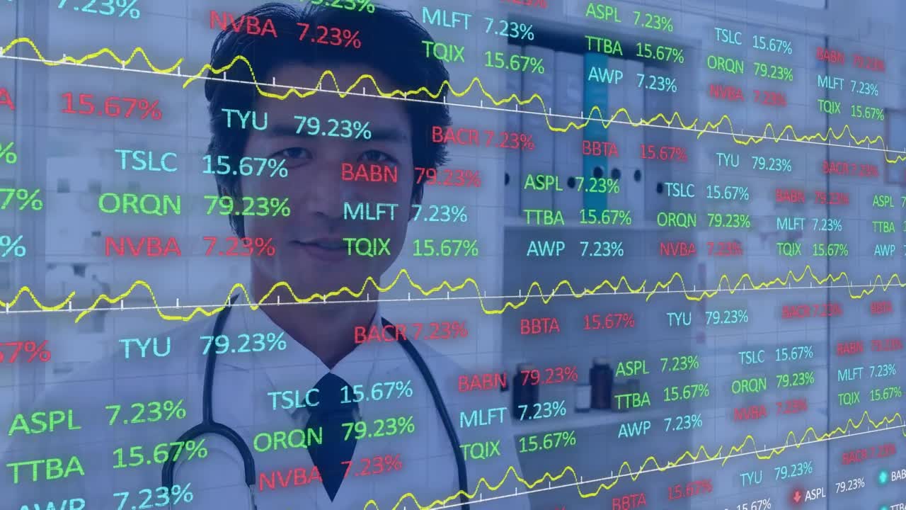 animación de un tablero de comercio digital que se mueve en bucle sobre el retrato de un médico masculino asiático en el hospital