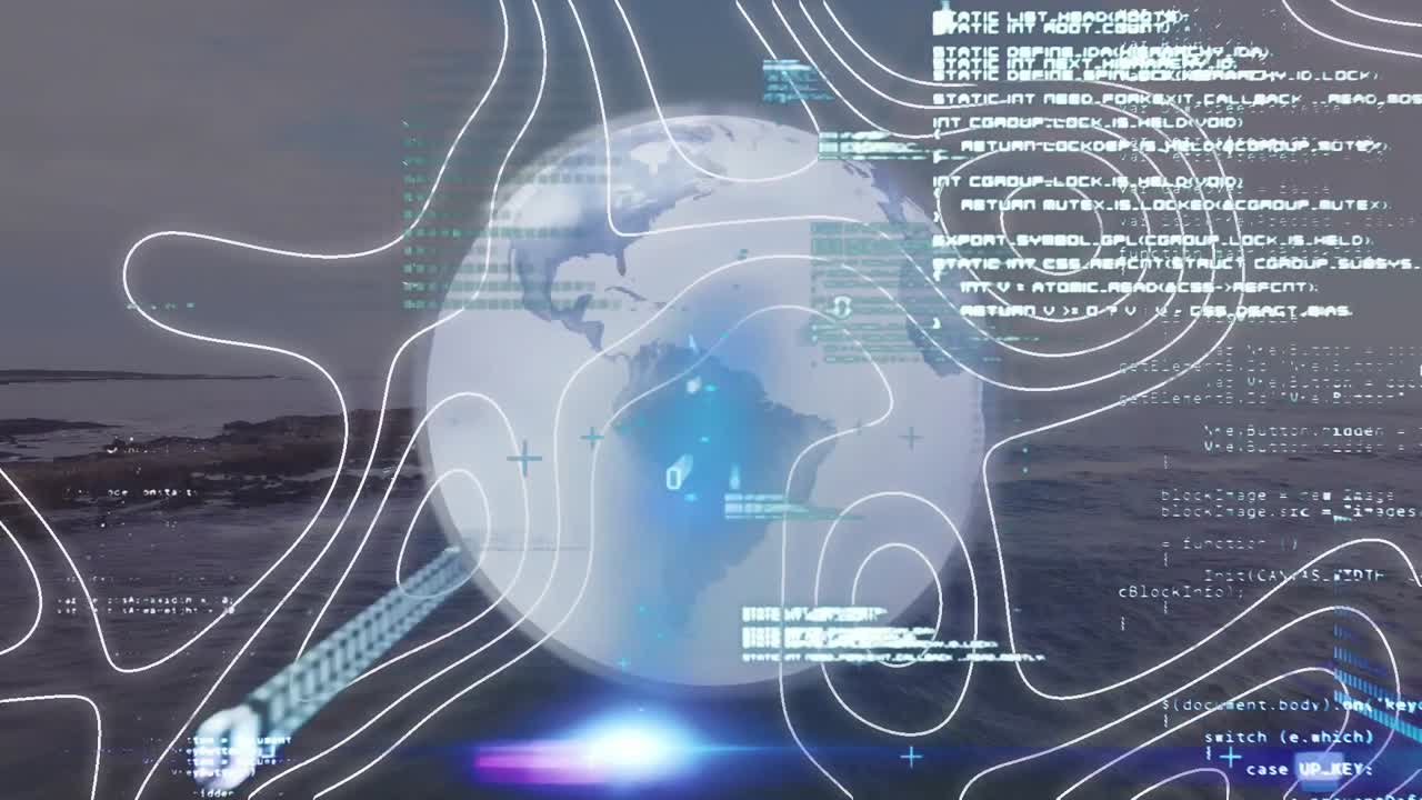 Animation of data processing and topography over globe against waves in the sea