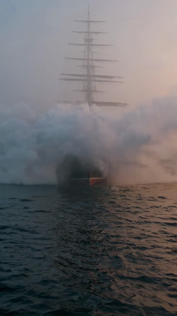 A majestic tall ship sails forward at dawn, captured from a low angle