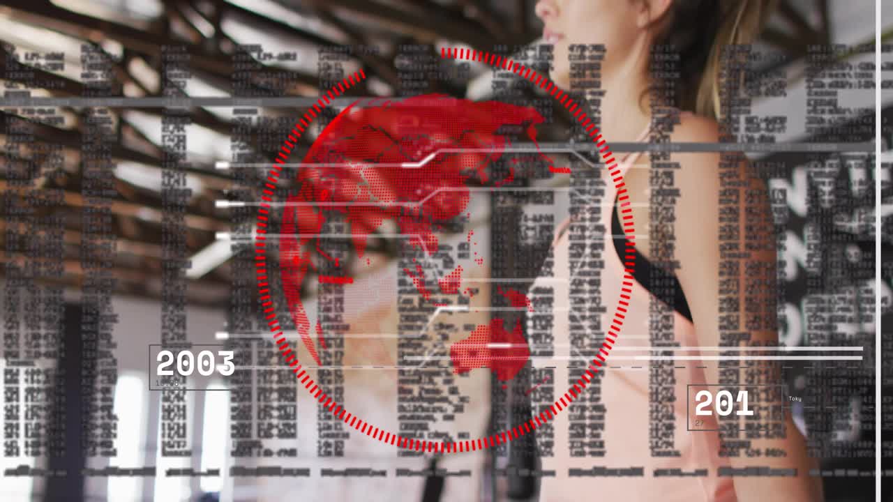 Woman starting jump rope in gym, training while showing animated red globe and scrolling year data