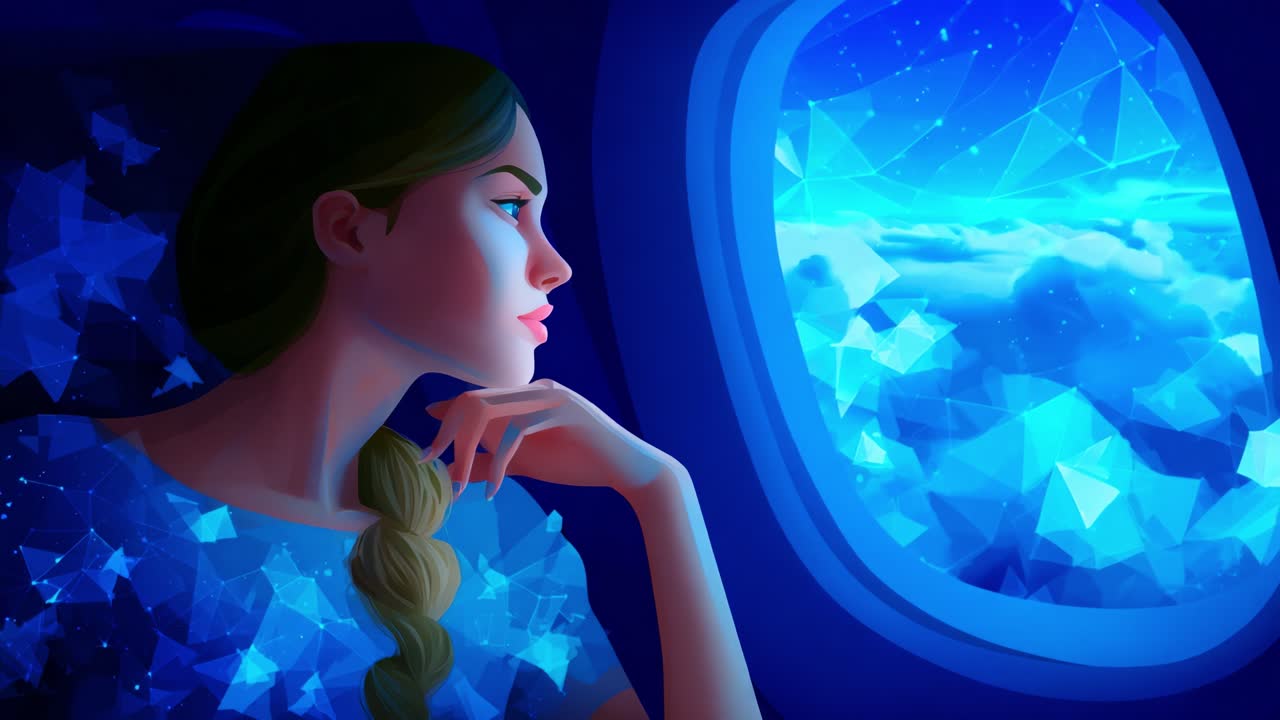 In a Moment of Reflection: A Thoughtful Young Woman Gazing Through an Airplane Window at a Breathtaking Sky Filled with Beautiful Clouds and Serene Blue Tones, Capturing a Dreamy and Contemplative Atmosphere