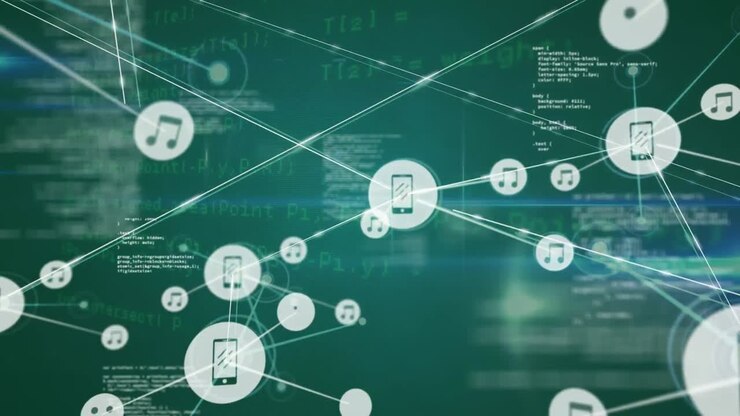 Animation of network of connections with icons over data processing on green background