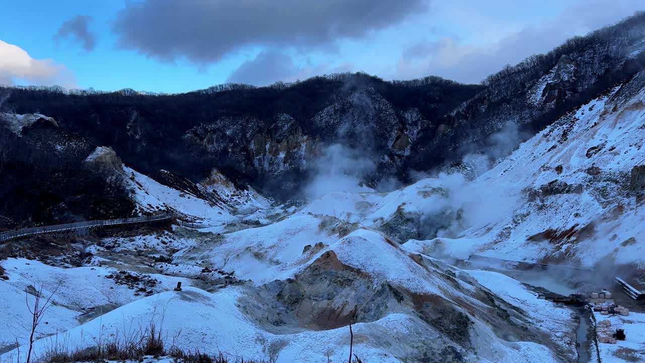 Sneklædt bjerglandskab med dampende ventilationskanaler i Hakodate, Japan