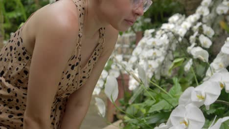 Mujer-Joven-Latina-Disfruta-Del-Olor-A-Aroma-De-Orquídeas-Frescas-En-El-Centro-De-Sueños-Tropicales-De-La-Prefectura-De-Naha,-Okinawa,-Japón,-Verano-Caliente-Y-Húmedo