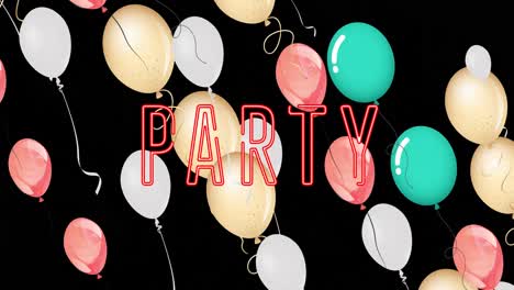 Animation-Von-Partytext-über-Bunten-Luftballons-Auf-Schwarzem-Hintergrund