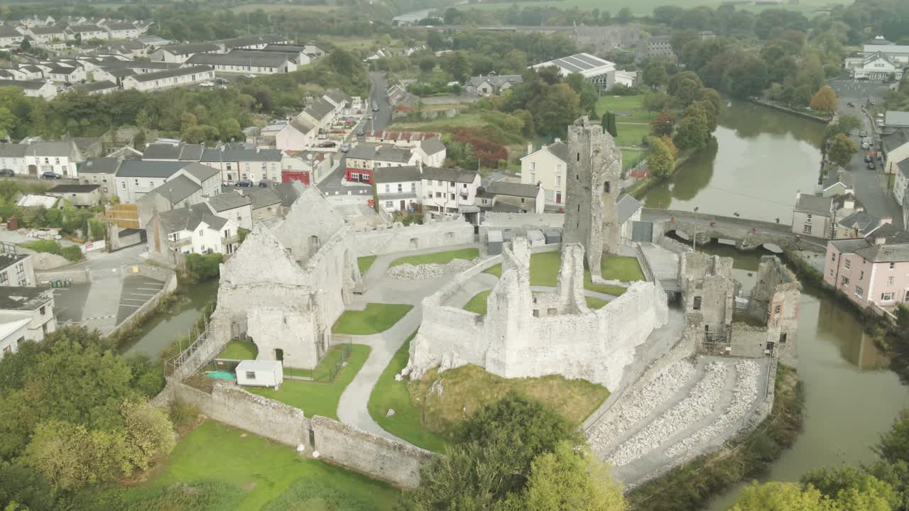 Panorama Of Desmond Hall And Castle In Limerick County, Askeaton Ireland. Aerial Shot