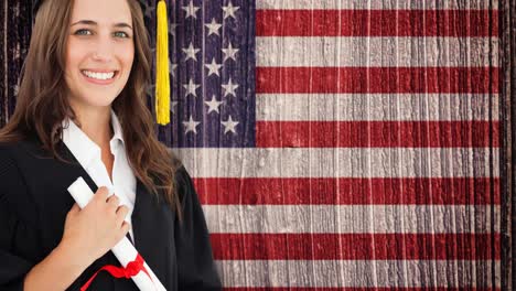 Animation-of-female-graduate-holding-a-diploma-over-american-flag