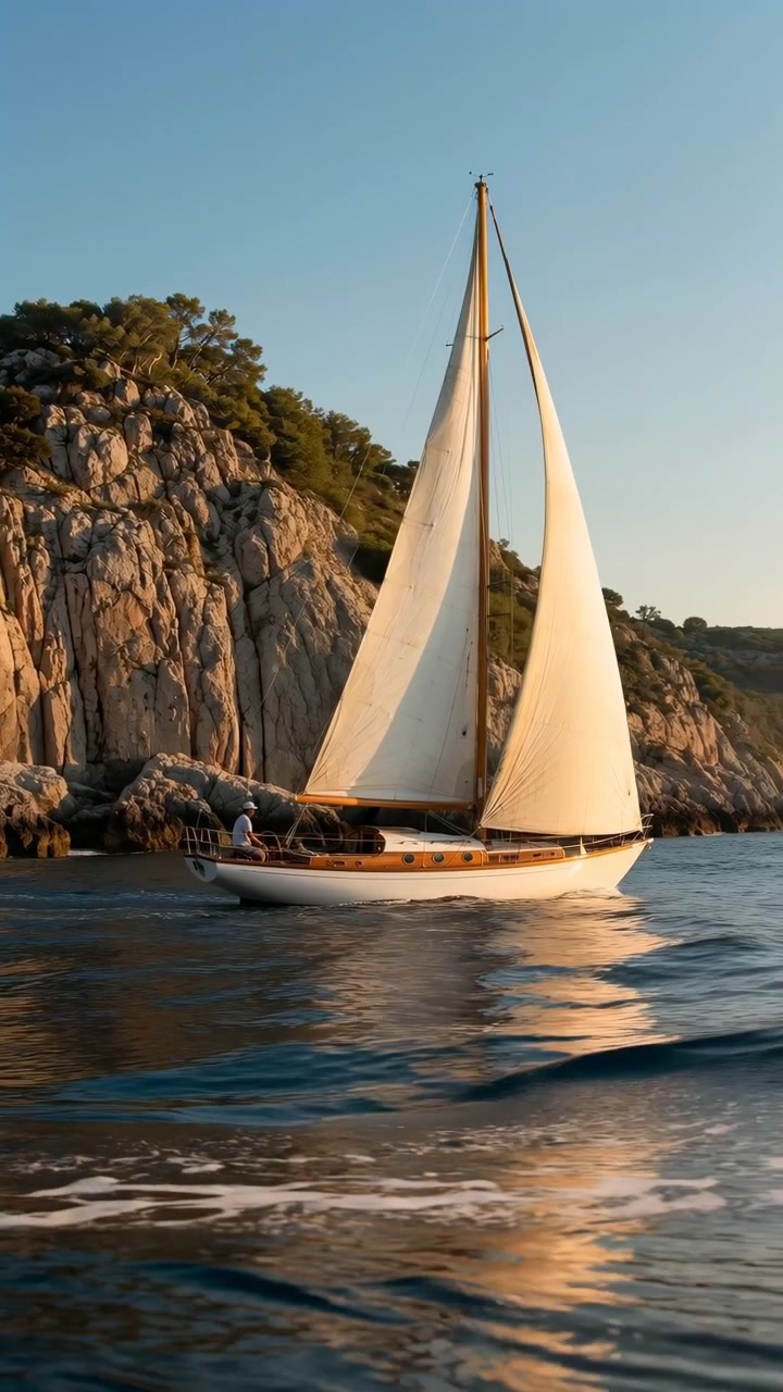 Una barca a vela bianca viaggia stabilmente su un mare calmo accanto a una costa rocciosa, mostrando riflessi d'acqua lisci, luce solare calda, paesaggio costiero e un'ampia composizione con un movimento silenzioso sull'acqua aperta.