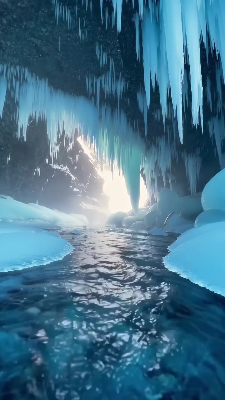 Clear Water Flowing Through an Ice Cave with Hanging Icicles