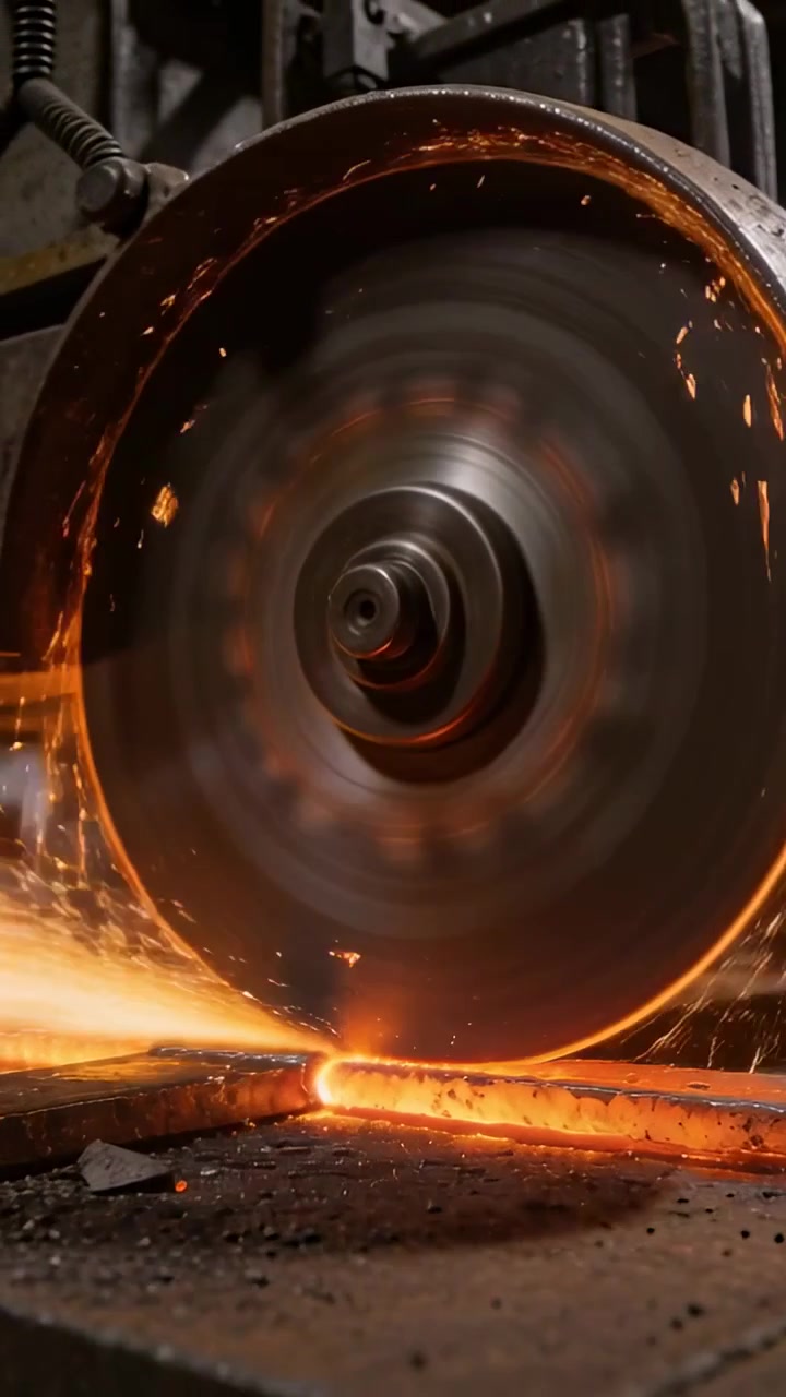 Video verticale: Mola che lavora una barra di metallo incandescente in officina, generando scintille.
