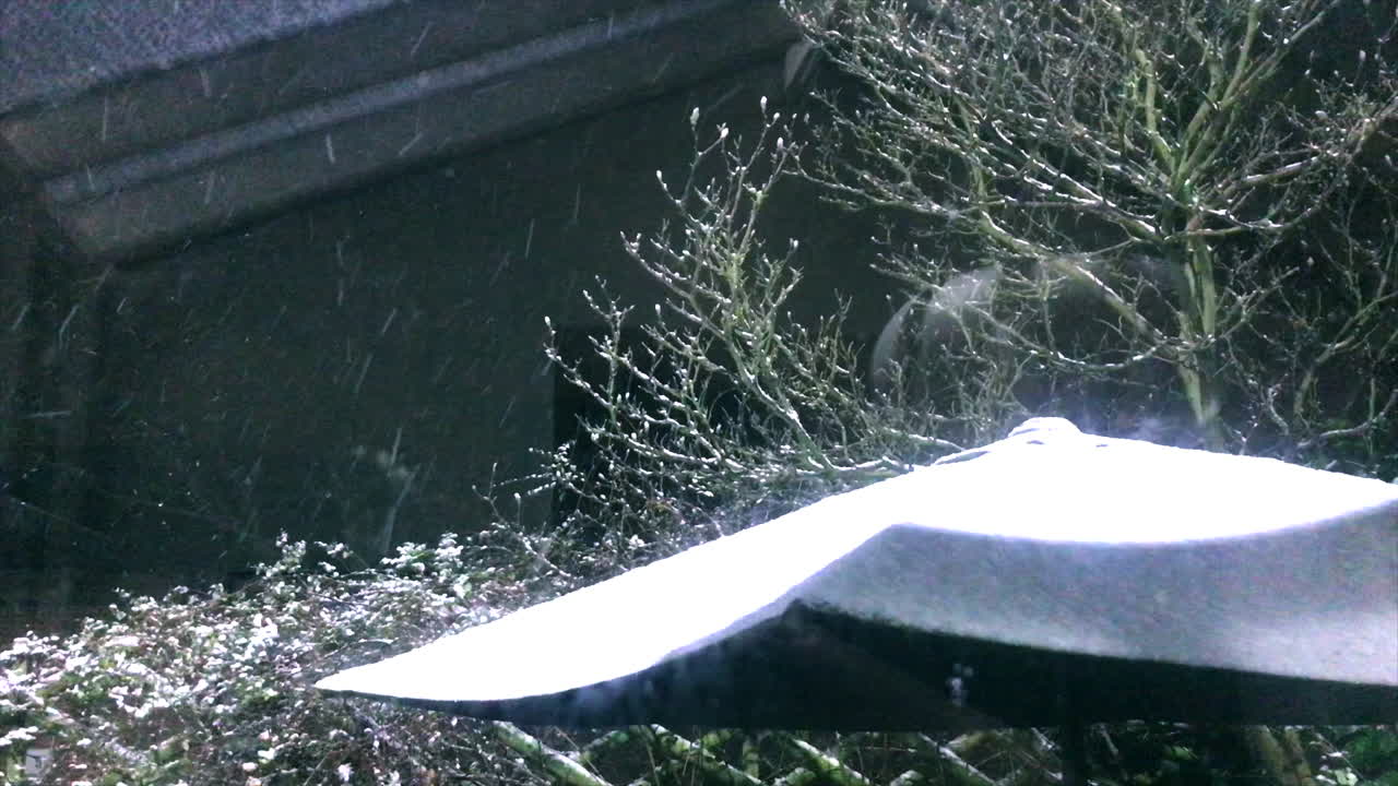 눈이 쌓인 야외 탁자 파라솔에 떨어지는 눈