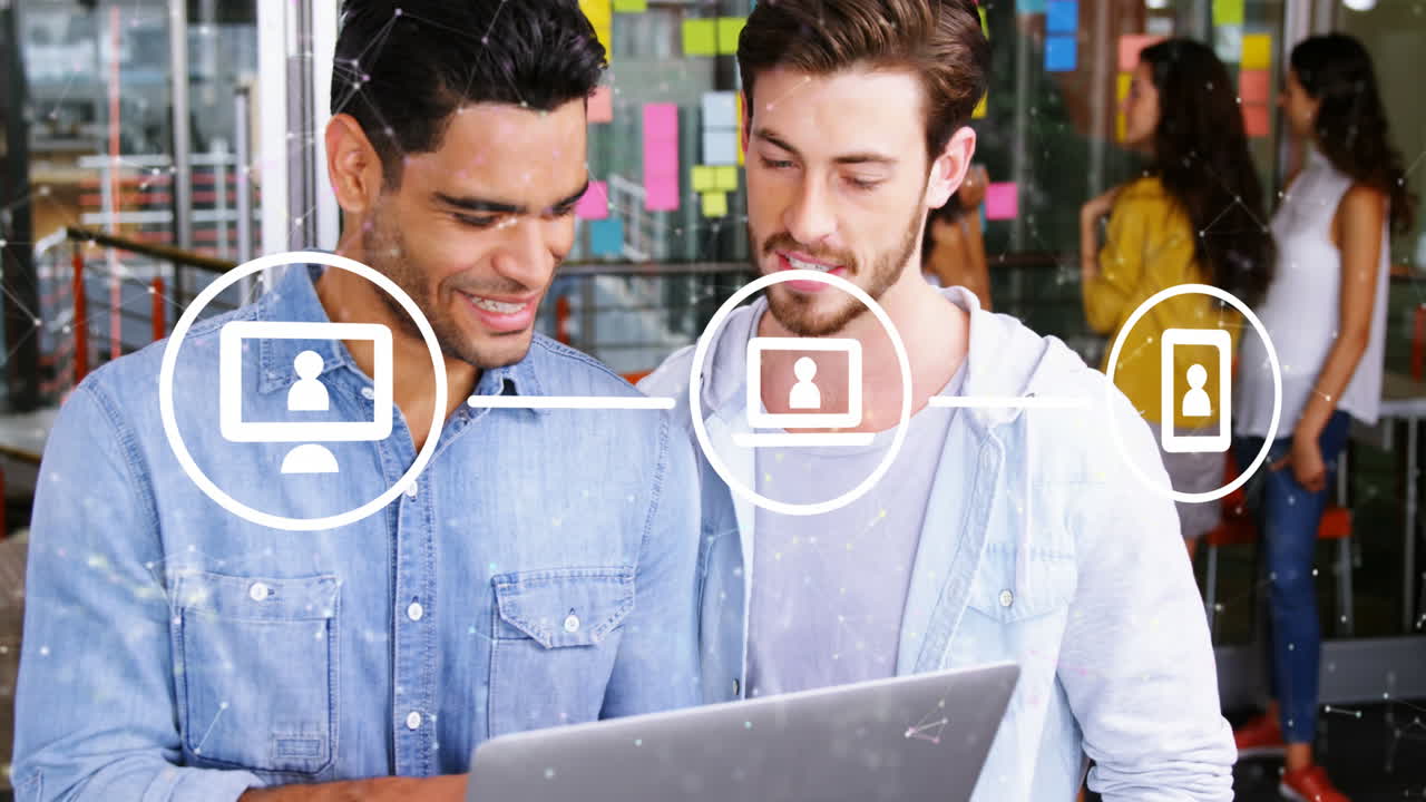 animación de diagramas de flujo y puntos conectados sobre diversos compañeros de trabajo compartiendo ideas en la computadora portátil