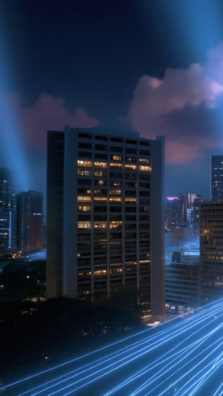 Paisagem Urbana Iluminada à Noite com Edifícios Altos e Rastros de Luz, Exibindo a Vida Urbana e a Arquitetura Moderna em uma Atmosfera Vibrante.