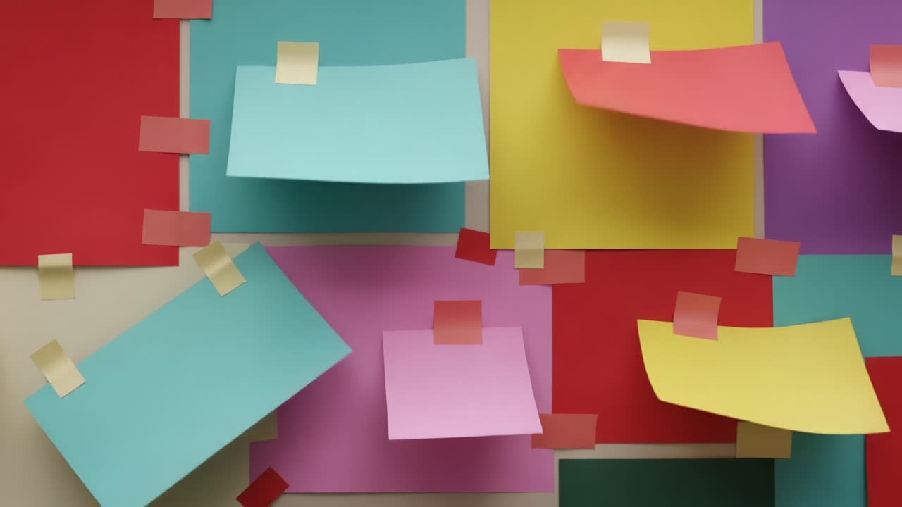 Colorful Array of Sticky Notes and Papers Stuck to a Wall, Showcasing a Creative Display of Organization and Ideas in a Modern Workspace Setting
