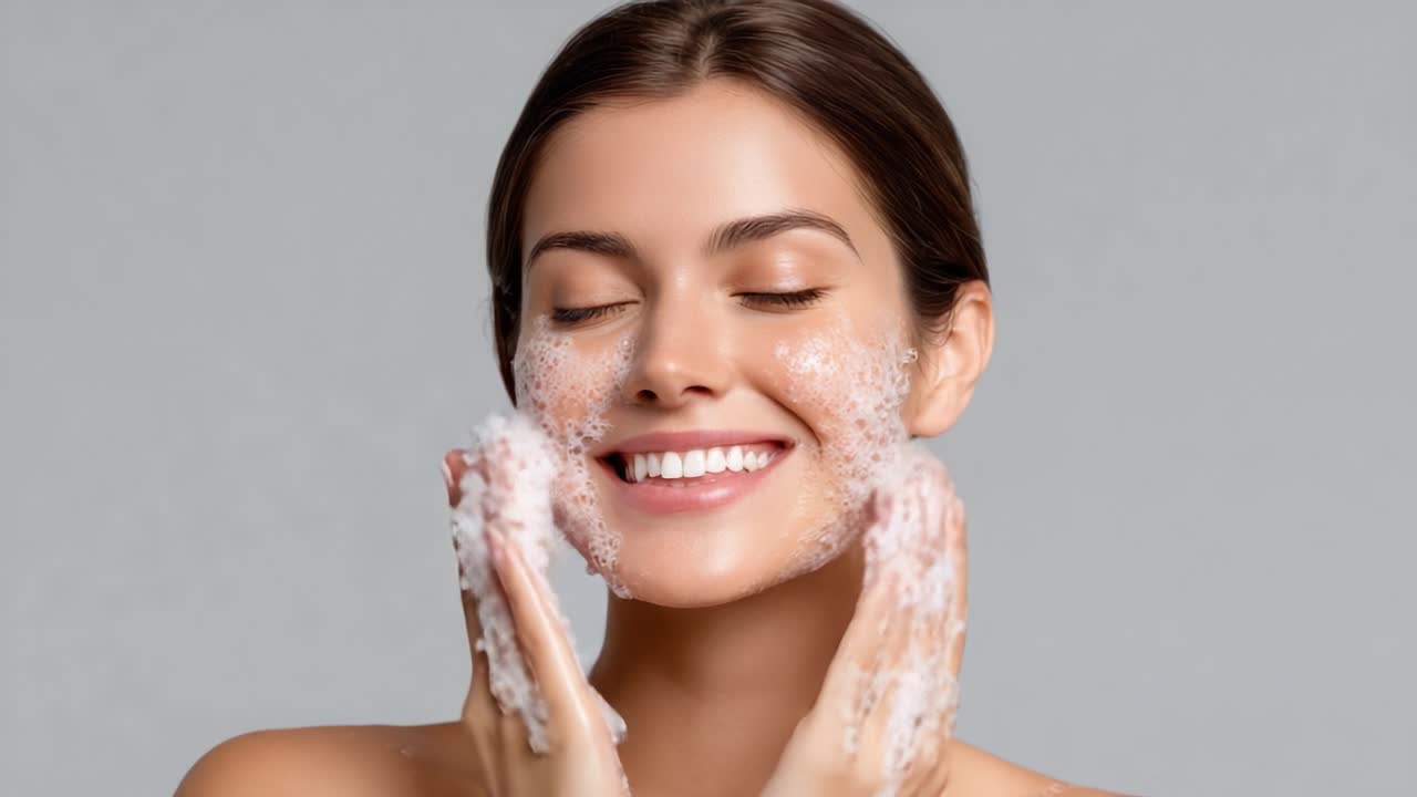 A radiant young woman enjoys a refreshing facial wash, smiling while applying foam to her skin, promoting the importance of daily skincare and self-care routines