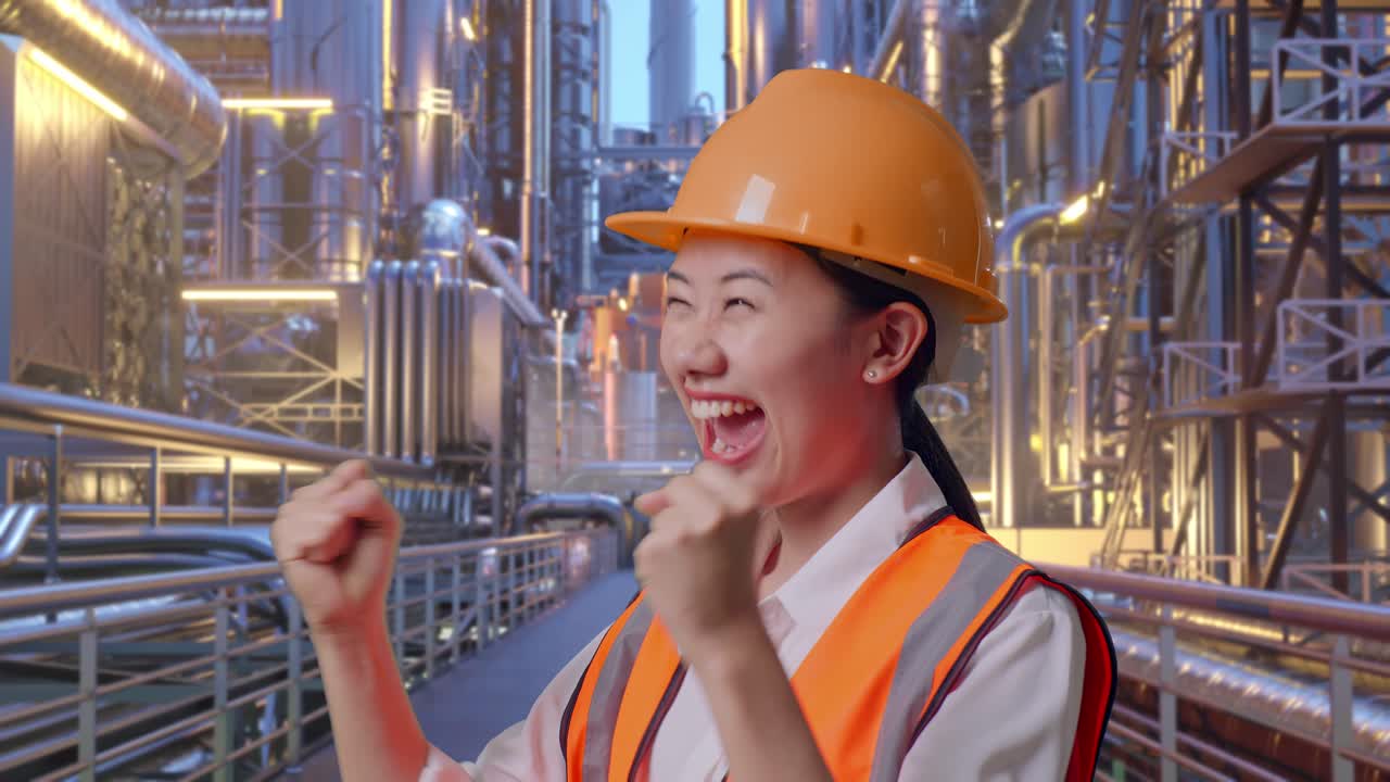 Close Up Of Side View Of Asian Female Engineer With Safety Helmet Screaming Goal Celebrating Working At A Vast Oil Refinery