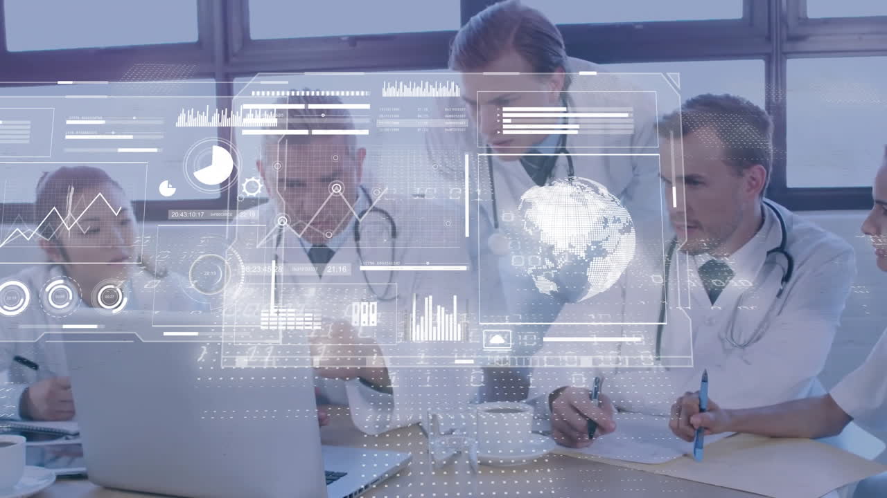 animación de pantallas con procesamiento de datos sobre diversos médicos