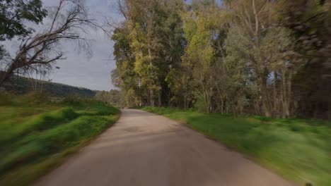 in southern spain, a drone speeds down a dirt road between an olive orchard and the guadalquivir river