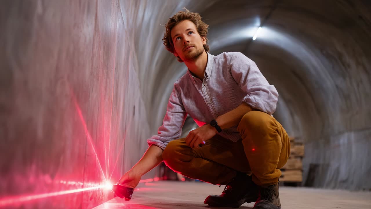 A focused technician uses a laser measuring tool to inspect a wall in a dimly lit tunnel, demonstrating precision and attention to detail in an engineering or construction project