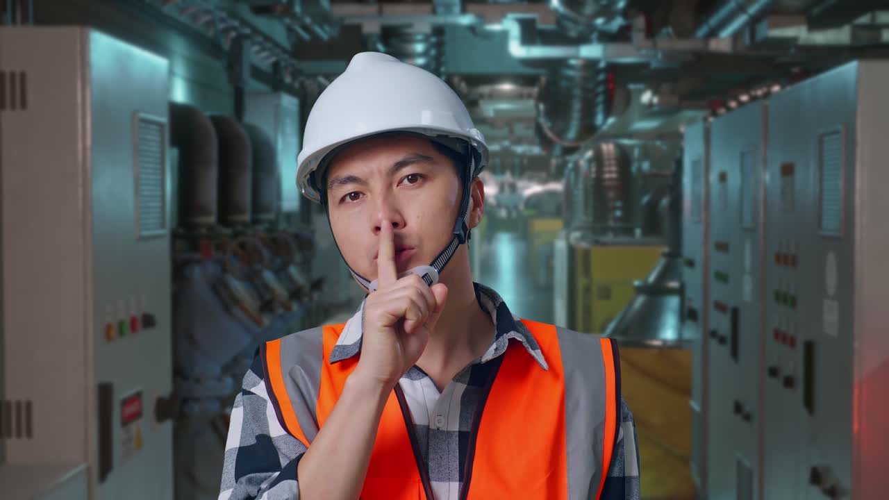 Close Up Of Asian Male Engineer With Safety Helmet Making Shh Gesture While Standing In Engine Control Room, Work Of Electrical Generators