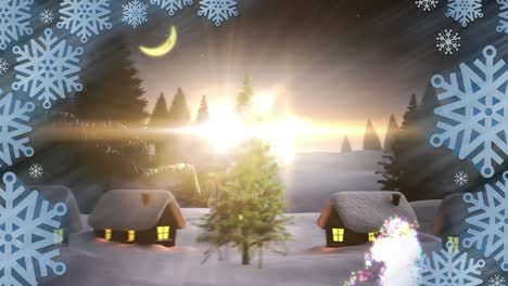 snowflakes pattern against shooting star spinning around christmas tree on winter landscape