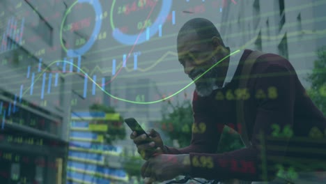 animation of stock market data processing against african american man using smartphone on street