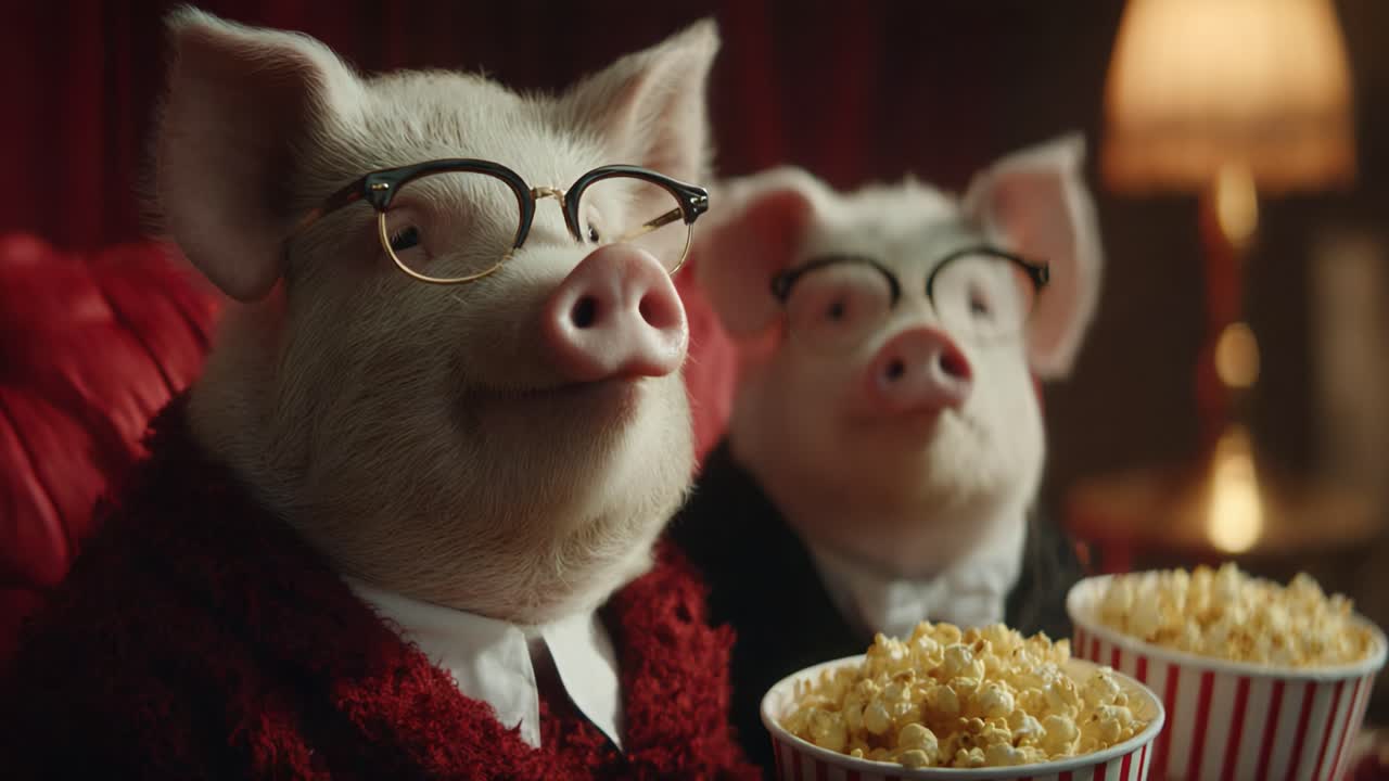 Two Quirky Pigs Enjoying Movie Night with Popcorn, Wearing Glasses, and Dressed in Funny Outfits, Captured in a Cozy Red Setting Perfect for Entertainment