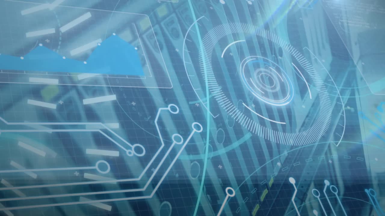 5g 텍스트, 둥근 스캐너 및 컴퓨터 서버의 클로즈업에 대한 데이터 처리의 애니메이션