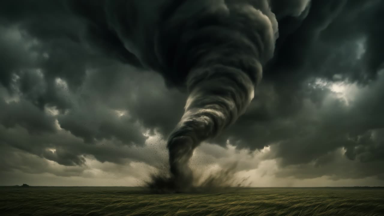 Dramatic video still of a tornado from a low-angle perspective, capturing the swirling storm clouds