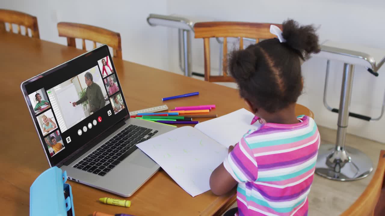 Schoolgirl using laptop for online lesson at home, with diverse teacher and class on screen