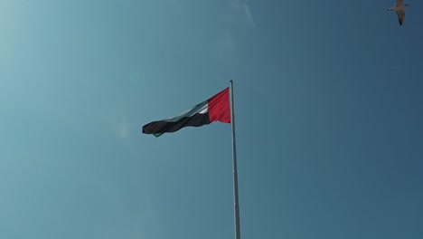 A-bird-flies-past-the-UAE-flag-waving-atop-the-122-meter-high-giant-flagpole-in-Abu-Dhabi,-United-Arab-Emirates