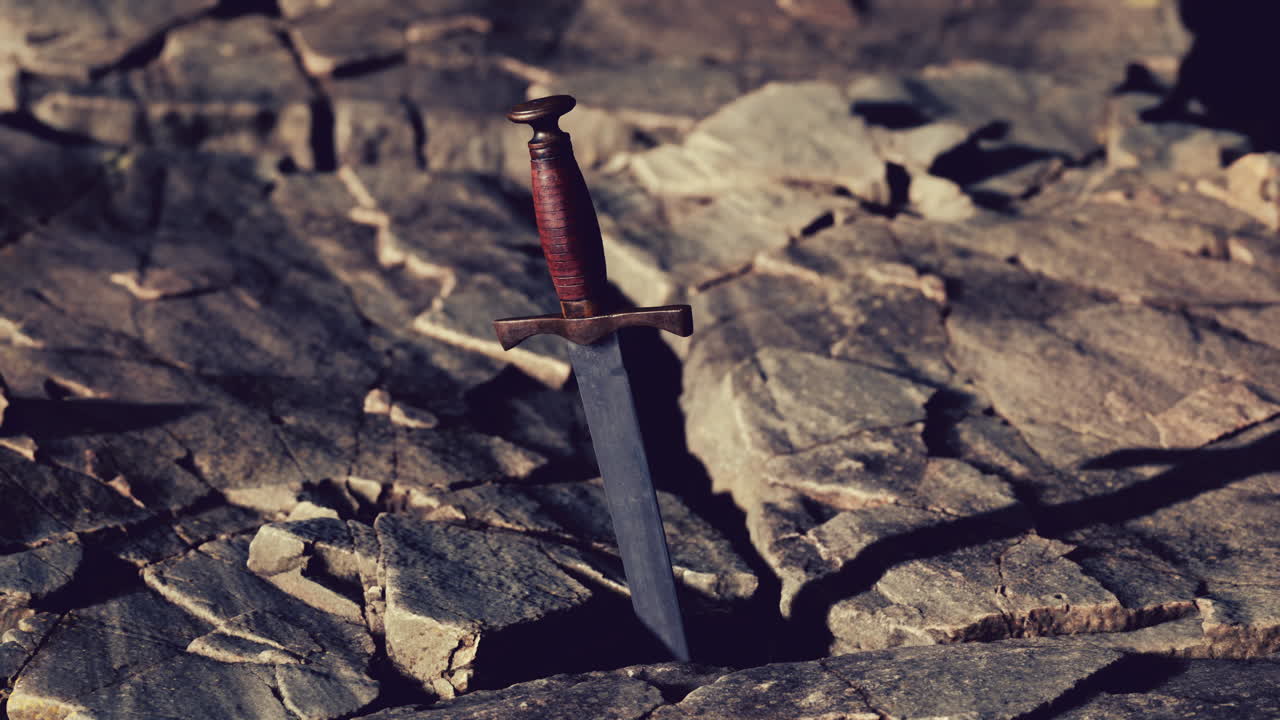 la espada excalibur en la piedra rocosa al atardecer