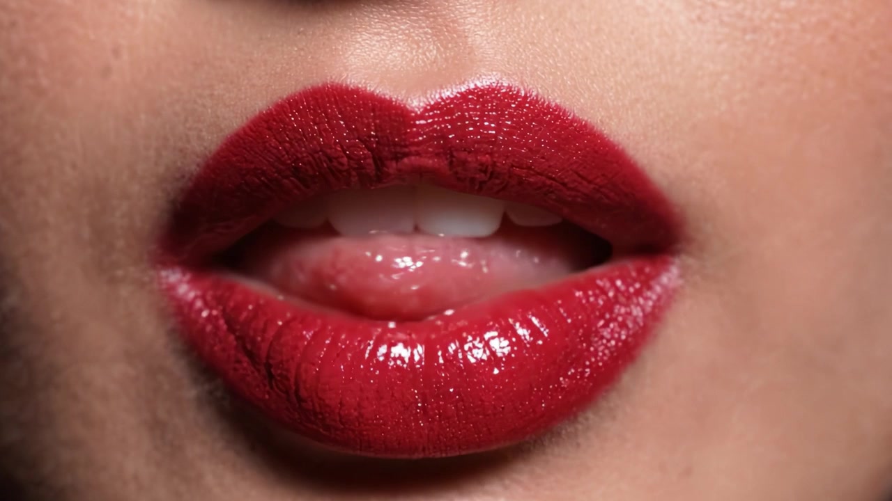 Stunning Close-Up of Glossy Red Lips, Showcasing the Perfect Application and Shine of Bold Lipstick, Emphasizing Beauty and Cosmetic Excellence in the Frame.