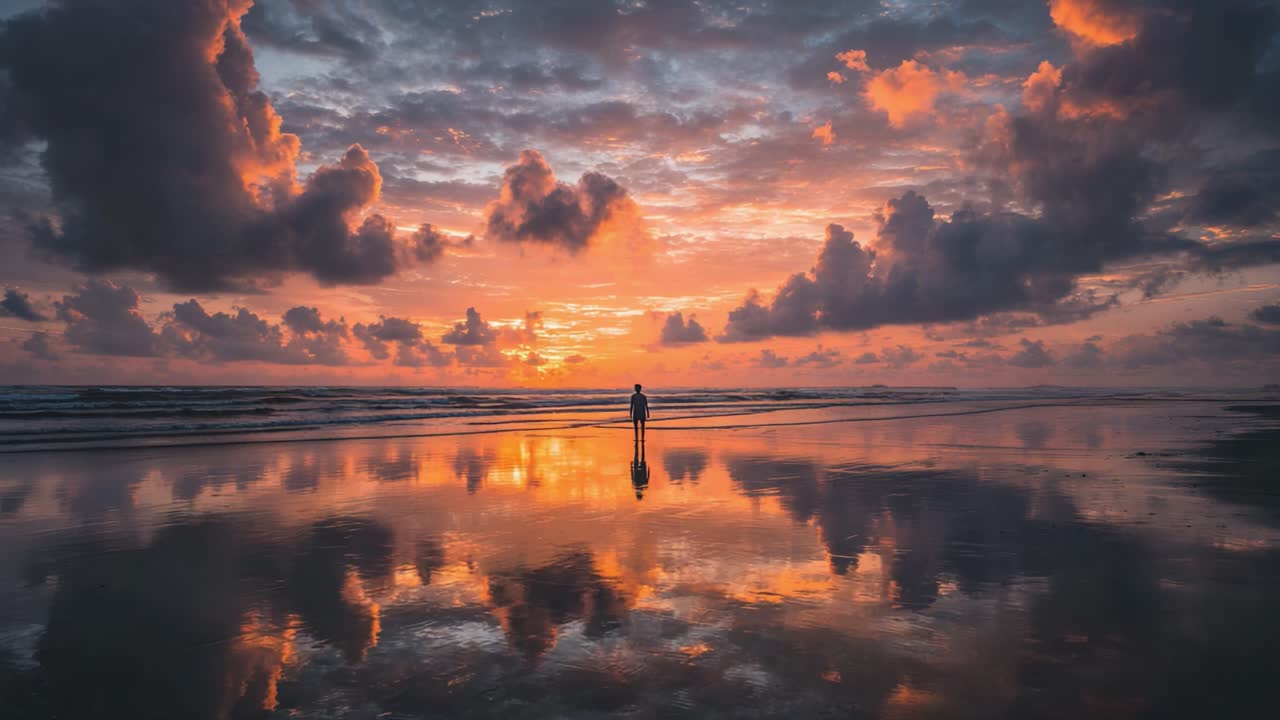 A Stunning Sunset Over the Ocean: Captivating Reflections and Vibrant Colors as the Day Transitions to Night on a Serene Beach Landscape
