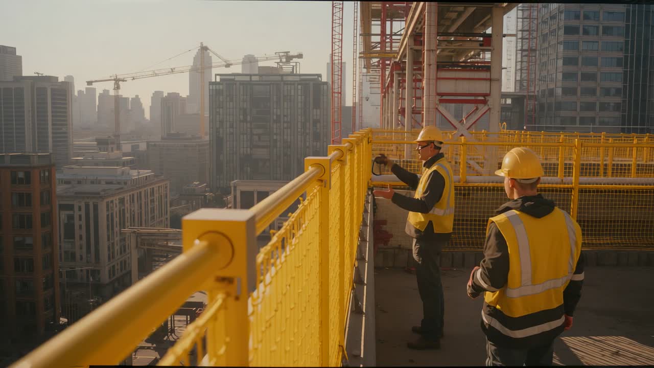 After installing railing, workers in hard hats are checking roof railing alignment for safety