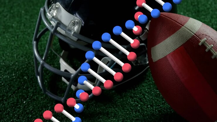 Animazione di un filamento di DNA che gira su un pallone da football americano e un casco