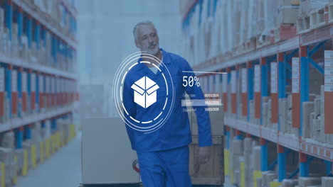 animation of digital data processing over caucasian man working in warehouse