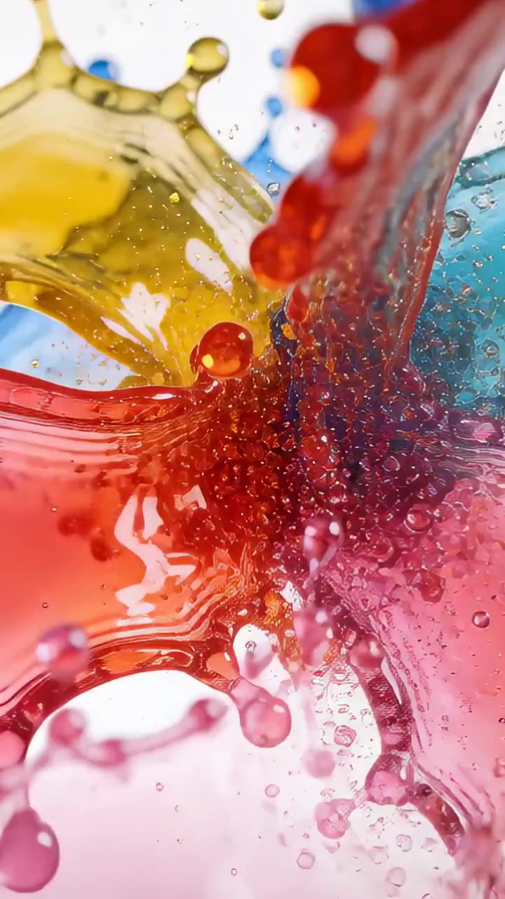 Video verticale: Liquido colorato che si scontra e si arriccia, spruzzando goccioline mentre i flussi si incontrano in studio.