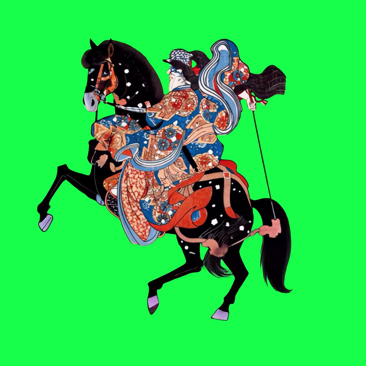 Animated Japanese Samurai Warrior Riding Rearing Horse on Green Screen